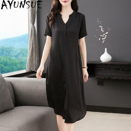AYUNSUE Woman Dress 2021 Spring Summer Black Silk Dress Elegant Plus Size Dresses for Women Casual Midi Clothes Vestido De Mujer