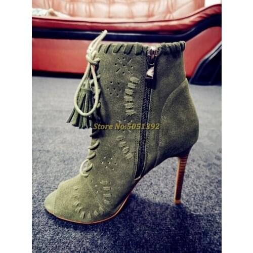 Army Green Tassel Zipper Ankle Booties Denim Peep Toe Lace Up Rome Women Dress Shoes Stiletto High Heel Autumn Ladies Boots