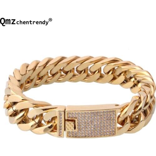 Stainless Steel Punk Curb Cuban CZ Clasp Bracelets Lab Bling Iced Out Full Gold 2018 Mens Bicycle Chain Wristband Bangles