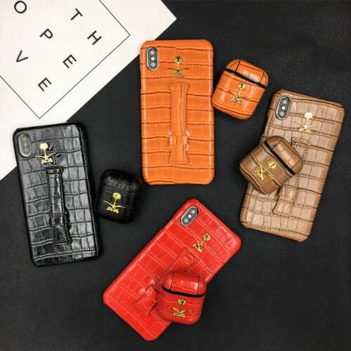 Saudi Arabia National Emblem PU Leather Strap Case For iphone 7 8 6 6SPlus XS Max XR Wrist Strap Cover Earphone Case For AirPods
