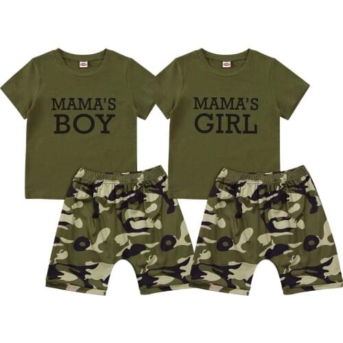 FOCUSNORM Summer Casual Kids Boys Girls Clothes Sets 1-6Y Letter Printed Short Sleeve T Shirts Camouflage Shorts 2pcs