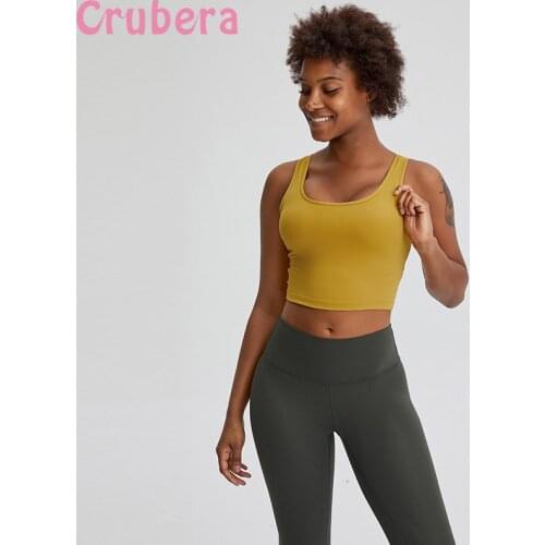 CRUBERA Sport Fitness Crop Tops 2 In 1 Bra Round Neck Fashion Running Half Breathable Sports Women Soft Nylon Running Gym Bras