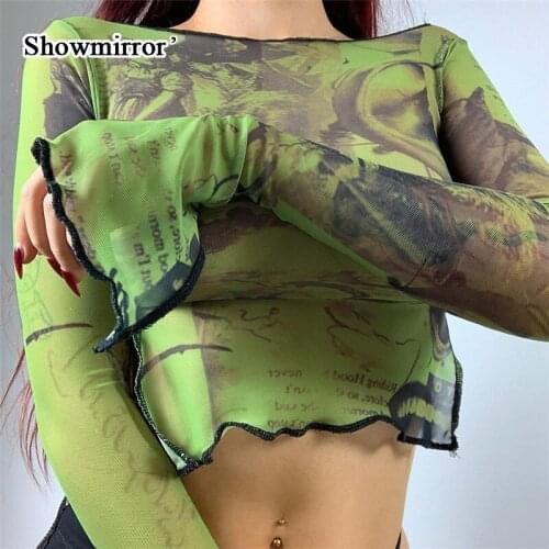 Showmirror Mesh Women Crop Top Character Print Bright Line Decoration Sexy Flare Long Sleeve Street Style Female Wear