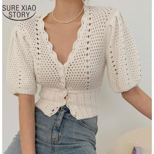 Summer Blouse Women Korean Hollow Out White Women Shirt 2021 New Short Sleeve Button Loose Shirt Solid Female Knitted Top 15034