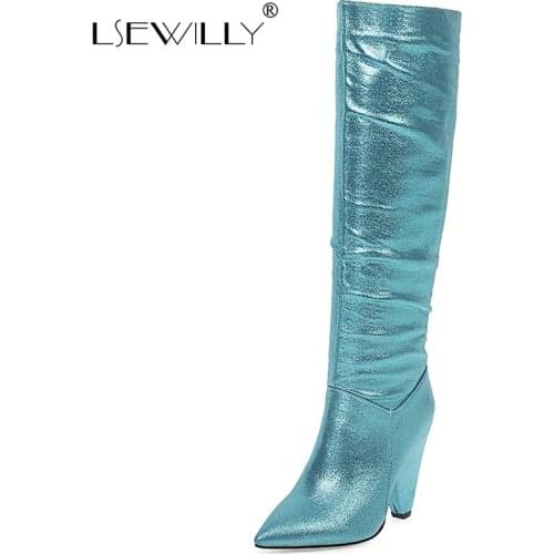 Lsewilly Pleated cowboy boots pink blue glitter bling boots for woman big size 34-48 winter spike high heels knee-high boots