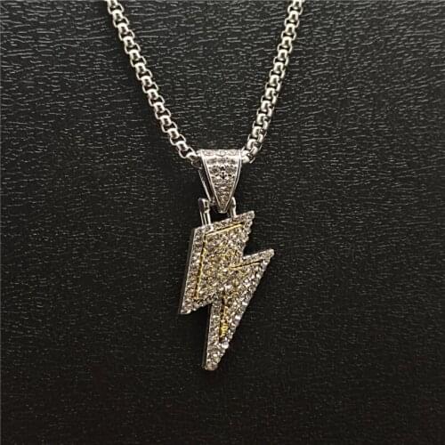 Street Dancing Hip Hop Lightning Pendant Necklace Exquisite Rhinestone Titanium Steel Cool Necklace Personalized Mens Necklace
