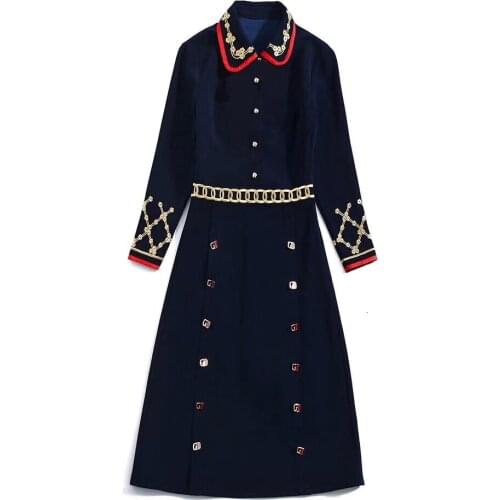 2021 new European Autumn and American womens wear Long sleeve lapel Patchwork embroidery fashion dresses