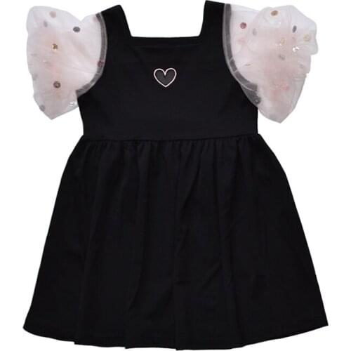 Girls Dress Girls Clothes Puff Sleeve Heart Print Childrens Black Dress Summer Girls Clothing111