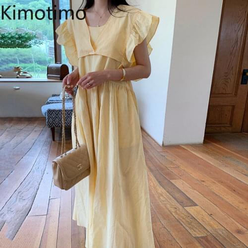 Kimotimo Dress for Woman Korean Ins Summer French Fold Loose Suspender Solid Sweet 2021 Vestidos De Mujer Fashion Female