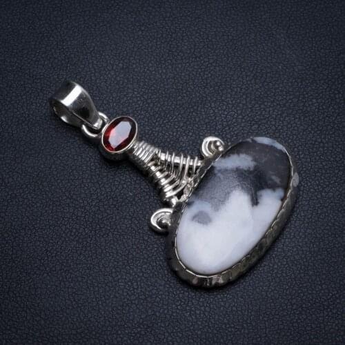 Natural Pinolith Jasper and Garnet Handmade Boho 925 Sterling Silver Pendant 1 3/4" T0184