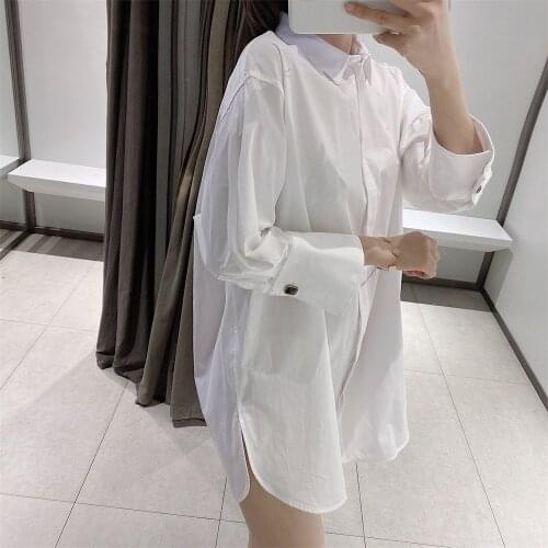 Simple Mid-Length Shirt 021 Summer Womens New Loose Lapel Wild Long-Sleeved Button Decoration