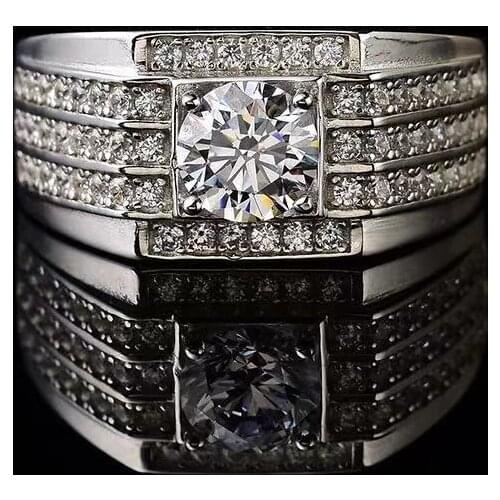 Luxury Diamond Mens Ring Moissanite Gemstone Wedding Ring 925 Sterling Silver Platinum Plated 1-2ct