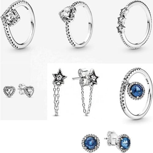 100% 925 Sterling Silver Heart-shaped Blue Round Glitter Earrings Suitable For Diy Womens Original Fashion Jewelry Gifts