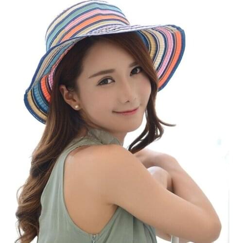 Summer womens casual striped colorful sun hat New girl lady patchwork foldable Panama cap Gorros Fisherman caps