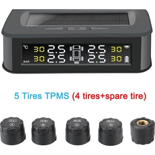 Display Pressure Control Warning Waterproof 5 Tire External sensors Car Tire Pressure Alarm Monitor System Solar Charge TPMS