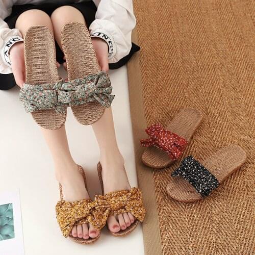 Suihyung Summer Women Home Shoes Floral Bow Flax Slippers For Girls Female Casual Breather Blet Sandals Ladies Indoor Flip Flops