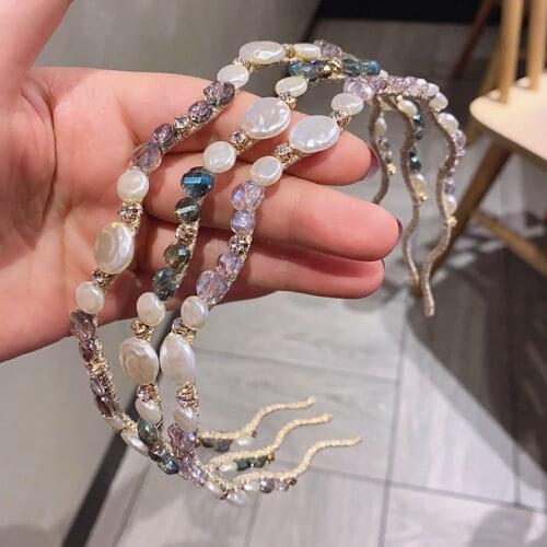 Fresh Colored Crystal Pearls Head Wear Headband for Women Rhinestone Non-slip Border Girl Hairpin Fancy Hair Accessories Gift