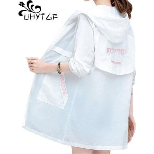 UHYTGF Mid-Length Summer Jacket Women Fashion Hooded Anti-UV Breathable Outdoor Thin Sun Protection Clothing Plus Size Coat 1414