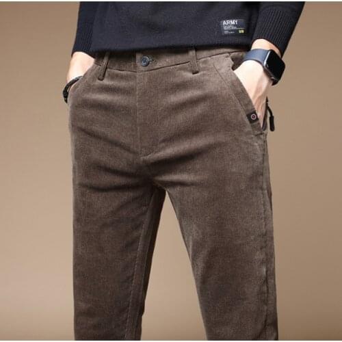Corduroy Pants Winter Mens Slim Thick Casual Trousers little Elasticity Cotton Youth Pencil Pants Plus Size Mens Men Clothing