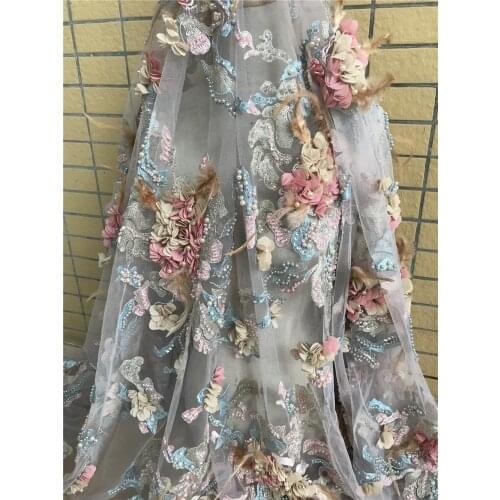 Embroidery designs high quality african lace french lace fabric with 3d flower and beads SYJ-518688 lace fabric nigerian mesh