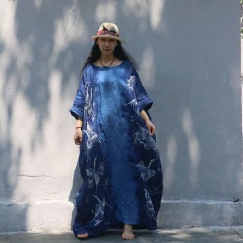 Top Quality Women Loose Maxi Long Dress Handmade Plants Dyeing Cotton Linen Priest Frock Robe Retro Printed Floor Length Dresses