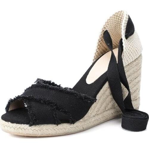 DZYM Pure Linen Sole Strap-on Ladies' Wedge Sandals Super High Heels Old Rag Design Summer Shoes Open Toe Heels Sandalias Mujer