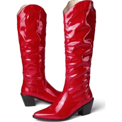Women Chunky Heel Boots Chelsea Cowboy Pointed Toe Leather Knee High Boots Shoes 3Colors Big Plus Size New 2022
