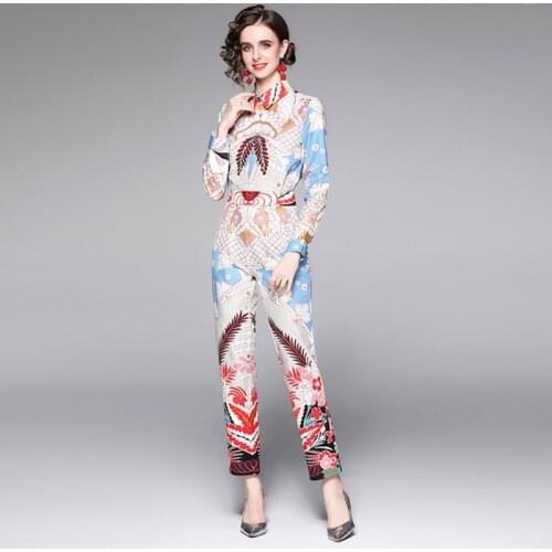 Womens Printted Two Piece Suit 2021 Autumn New OL Printed single-breasted Shirt Blouse + Hight Waist Slim Long Pants Sets