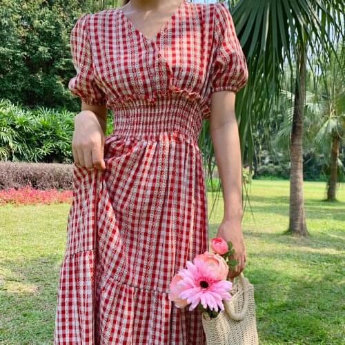 Women Summer Red Plaid Sexy V Neck Puff Sleeve Long A-line Dress High Waist Ruffles Midi Sundress Slim