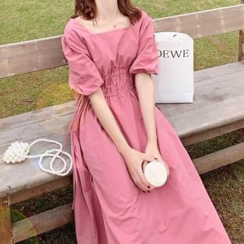 Summer Elegant Dress Women Sweet Korean Casual Vintage High Waist Chic Slim Dress Female French Puff Sleeve Holiday Dress 2021