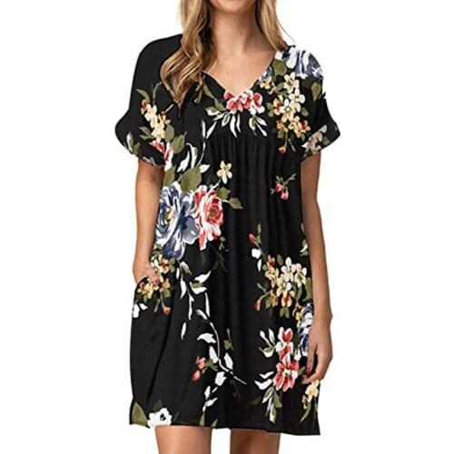 2021 Women Summer Sexy V-Neck Print Short-Sleeve Pleated Dress New Ladies Elegant Casual Office Loose Pocket Mini Vestidos Femme
