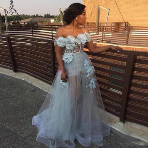 Sexy Off Shoulder Prom Dresses Long Blue Tulle Handmade 3D Flowers Celebrity Dresses Cheap vestidos Women Evening Party Gowns