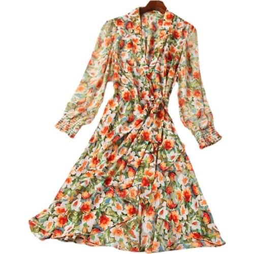 2021 Long Sleeved V-neck Floral Print Fashionable Flounces Dress European and American Womens Wear for Spring