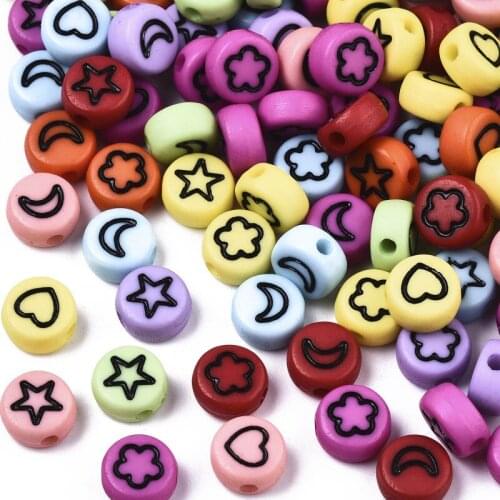 500g Opaque Acrylic Beads, with Enamel, Flat Round with Heart&Star&Moon&Flower Mixed Color 7x4mm Hole: 1.5mm about 3670pcs/500g
