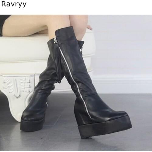 Concise Black Long Boots Woman Platform Heel Booties Fashion Autumn Spring Weages Female Party Shoes