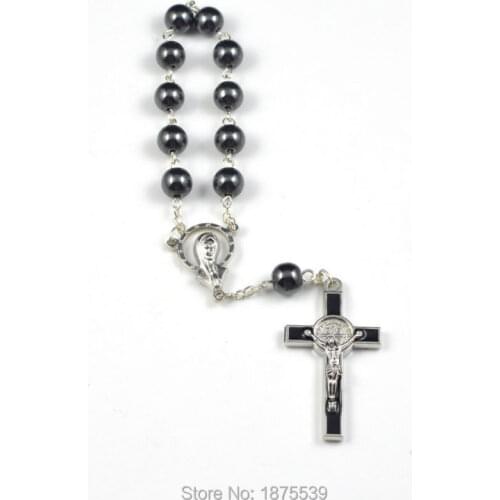 Decade rosary with 8 mm round hematite bead and St benedict cross