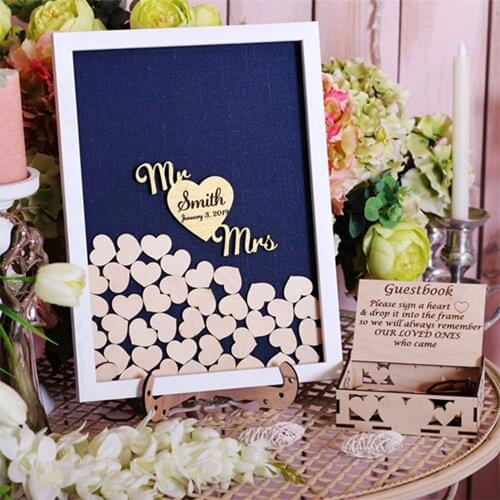 Personalize White Frame Wedding Guest Book Alternative Drop Top Guestbook Wood Heart Guestbook with wedding sign