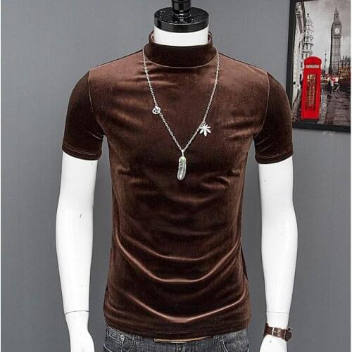 Korean Fashion Men Short Sleeve velour T Shirts plus size Hip Hop tops Tees Fitness Turtleneck velvet Tshirt M-6XL 7XL clothing