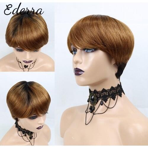 Short Pixie Cut Human Hair Wig with Bangs Highlight Honey Blonde Ombre Color Brown Burgundy Black Cheap Straight Human Hair Wigs