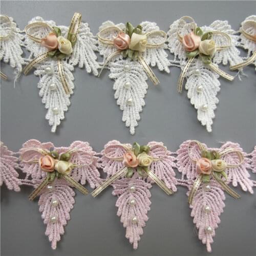 1yard 3D Rose Flower Bowknot Bow Pearl Lace Trim Embroidered Lace Ribbon Fabric Sewing Supplies Craft Wedding Dress Decoration