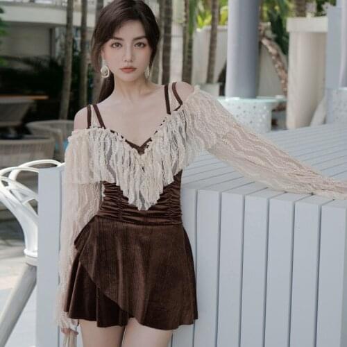 Onepiece Swimsuits Women Bathing Suit Dress Ladies Swimwear Push Up High Waisted Bikini With Lace Sleeve Korea Trendy Girls 2021