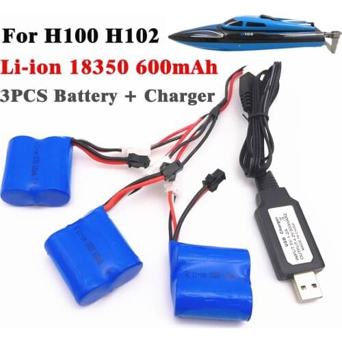 Li-ion 7.4v 600mAh 18350 Li-ion battery for H100 H102 RC boat battery 7.4v 18350 3pcs and 3in1 charger