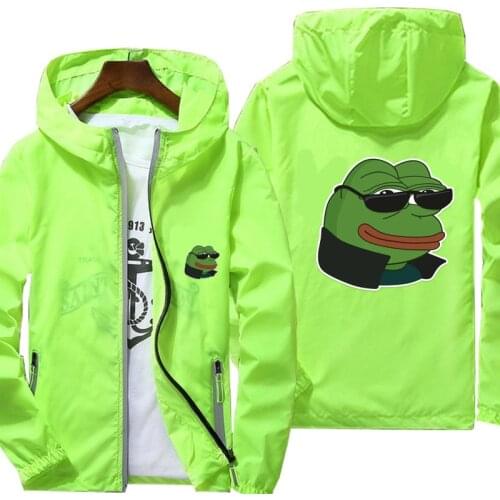 Mens Casual Sad Frog print Zipper Windbreaker Pilot Coat Thin Windbreaker Hooded Jacket Male Sport Outwear