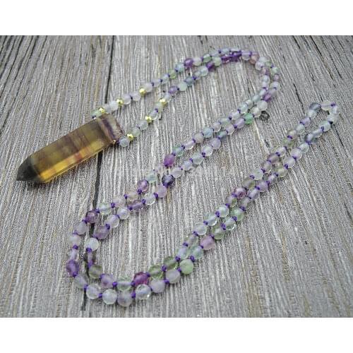 Natural Fluorite Point Pendants Necklaces 4mm Purple Fluorite Faceted Round Beads Knot Handmade 30inch 40inch