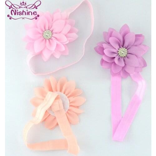Nishine 6pcs/lot Handmade Chiffon Flower Headband with Acrylic Diamond 16 Colors Sharp Angle Lotus Elastic Hairband Girls Gifts