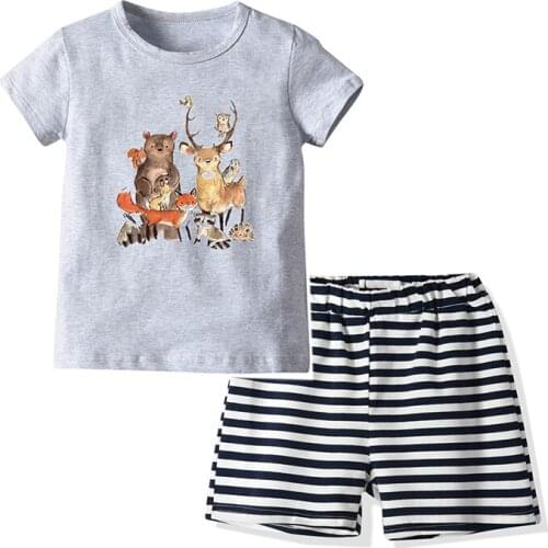 2020 TALLOLY summer new childrens cotton cartoon short-sleeved striped shorts suit small and medium boys home service