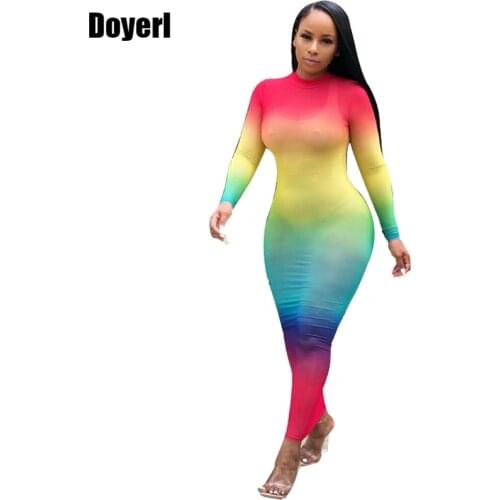 Sheer Mesh Sexy Bodycon Bandage Dress Women Autumn Long Sleeve Rainbow Tie Dye Sexy Transparent Dress Night Club Party Dress
