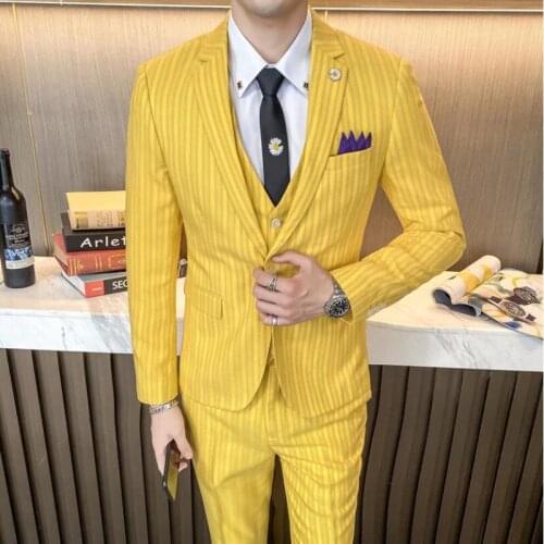 Luxury Brand Men Suit Design Yellow Pink Khaki 3pcs Narrow Stripe Slim Suit Mens Wedding Dress Suit ( Jacket + Vest + Pants )