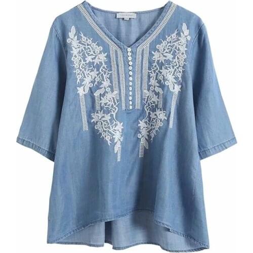 Silk cotton denim shirt embroidered v-neck day loose 5 minutes of sleeve shirt jacket new spring and summer of 2021