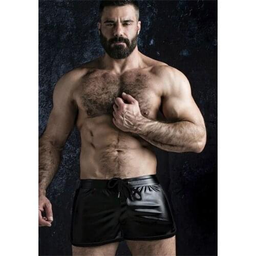 Mens Three-point Shorts PU Imitation Leather Patchwork Breathable Casual Short Pants Male Skinny Bodybuilding Workout Shorts